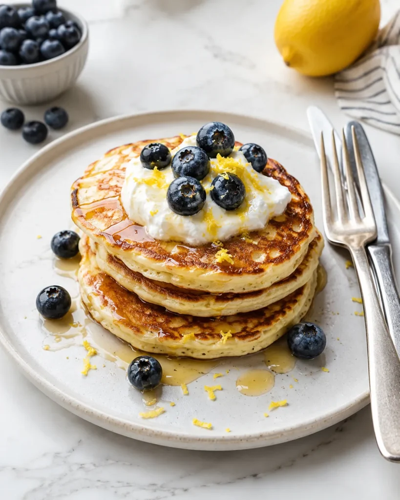 Greek yogurt pancakes served with blueberries, yogurt, lemon zest, and maple syrup