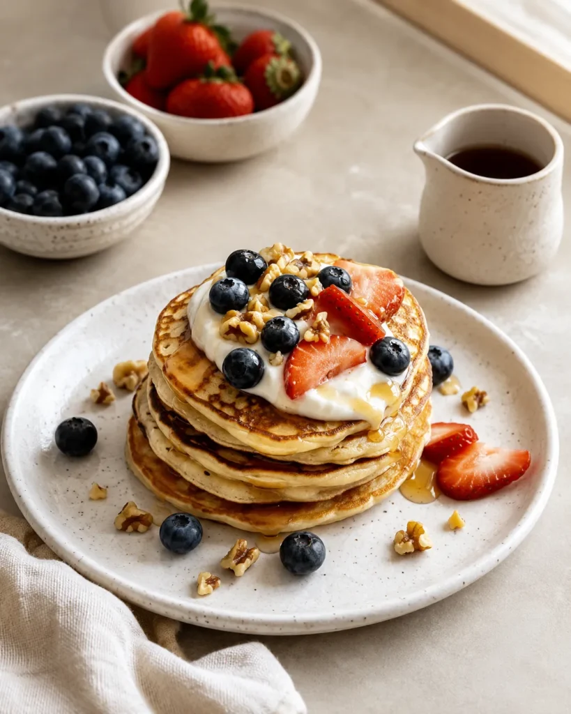 Greek yogurt pancakes served with berries, yogurt, and chopped walnuts