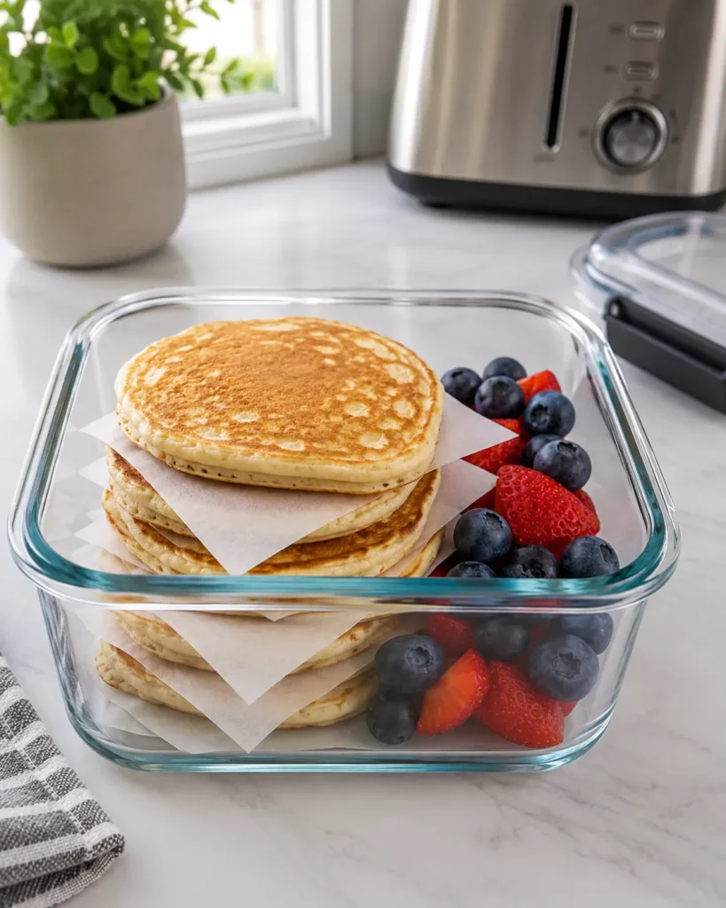 Greek yogurt pancakes stored in a glass container with parchment between layers