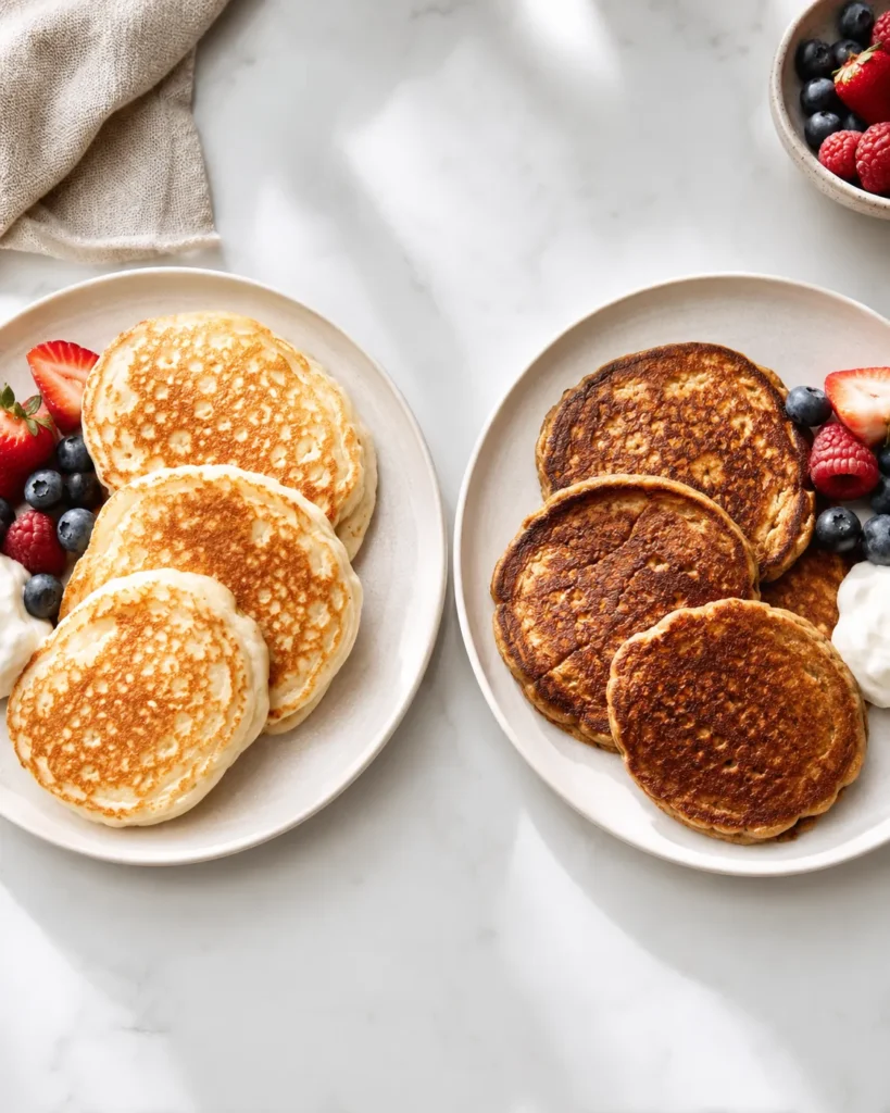 Comparison between fluffy Greek yogurt pancakes and dense overcooked pancakes