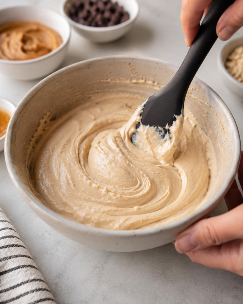 Thick peanut butter and Greek yogurt mixture being stirred in a bowl