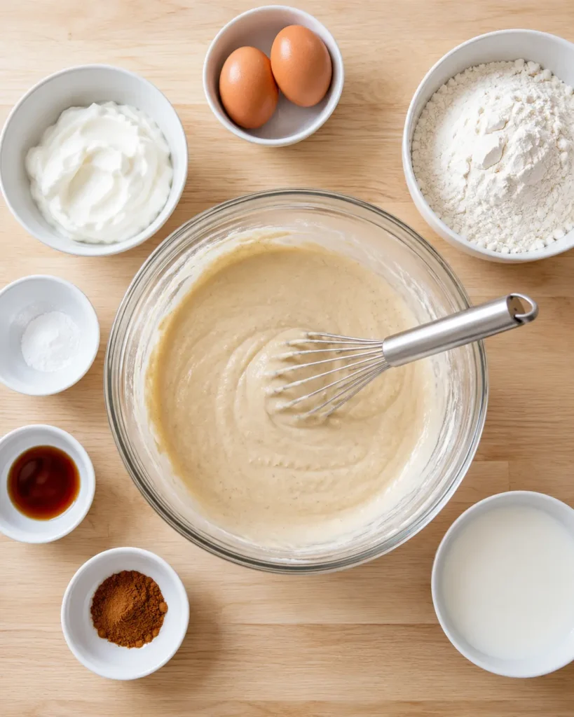 Greek yogurt protein pancake batter in a bowl with eggs, flour, milk, and other ingredients arranged around it