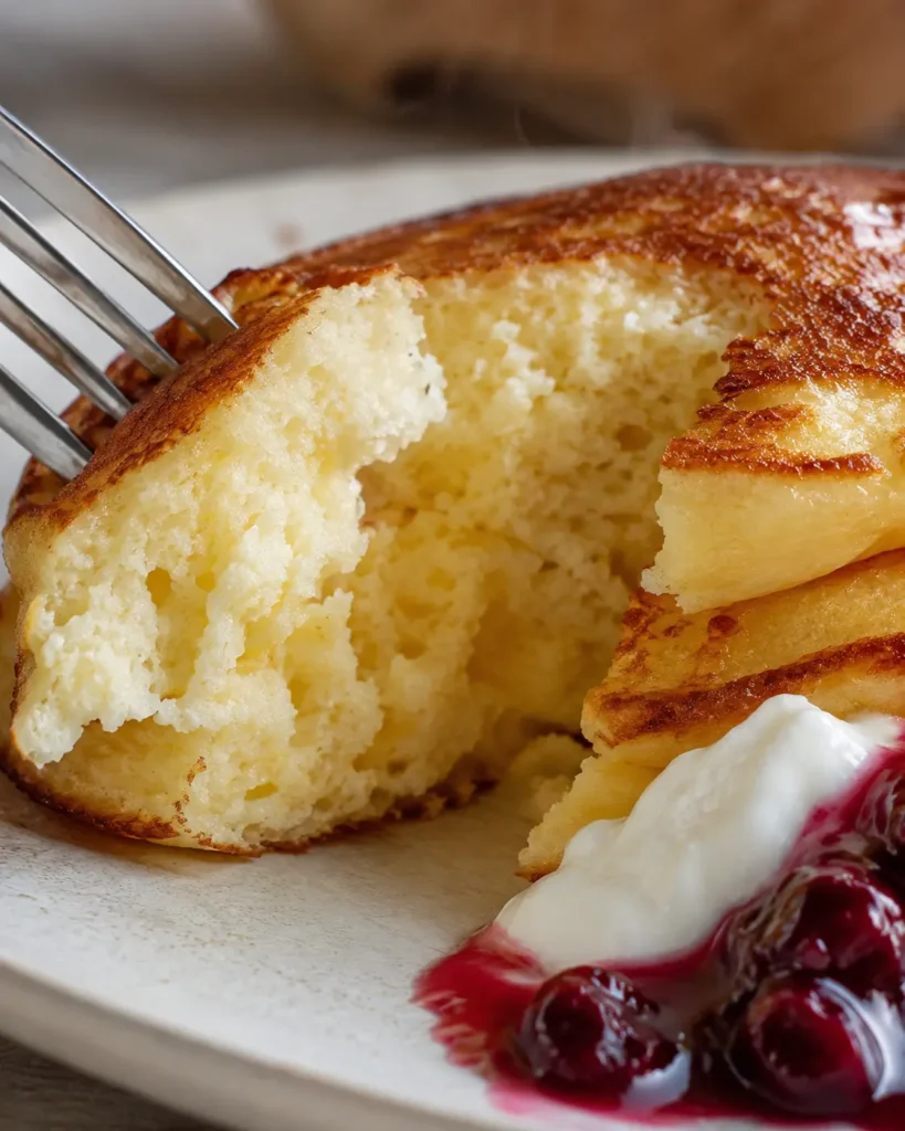 Close-up of a fluffy Greek yogurt protein pancake showing its tender interior crumb