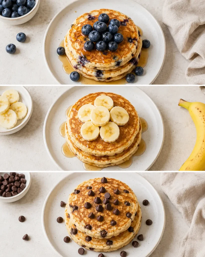 Blueberry, banana, and chocolate chip variations of Greek yogurt protein pancakes