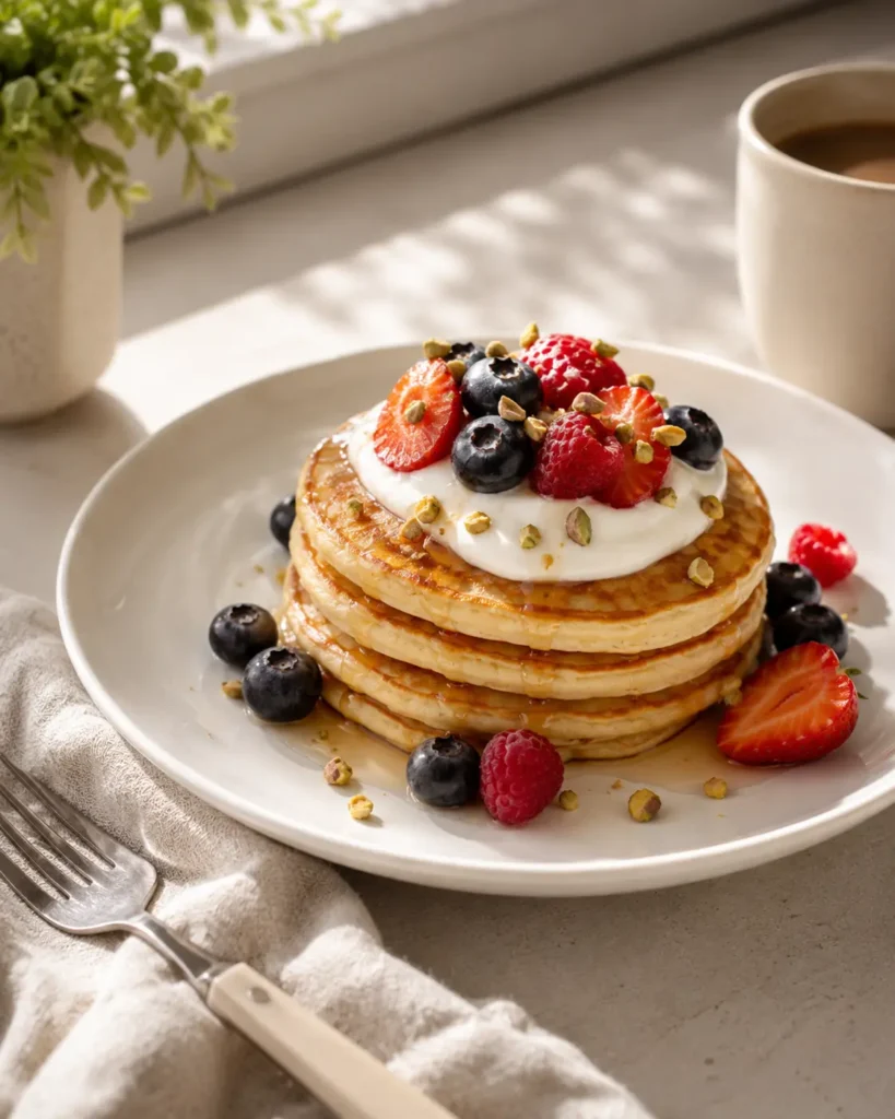 Greek yogurt protein pancakes topped with mixed berries, chopped pistachios, and a light syrup drizzle