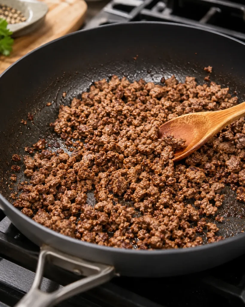 Ground beef browning in a skillet for a hot honey bowl recipe