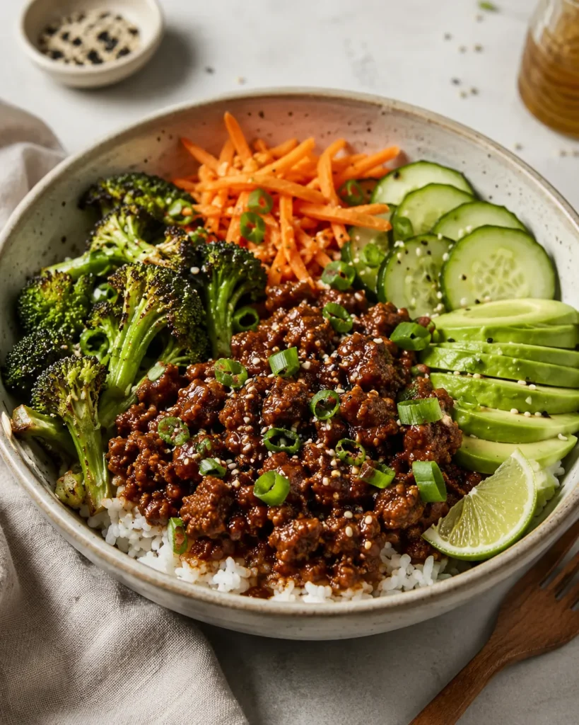 Hot honey ground beef bowl with rice, vegetables, and avocado in a ceramic bowl