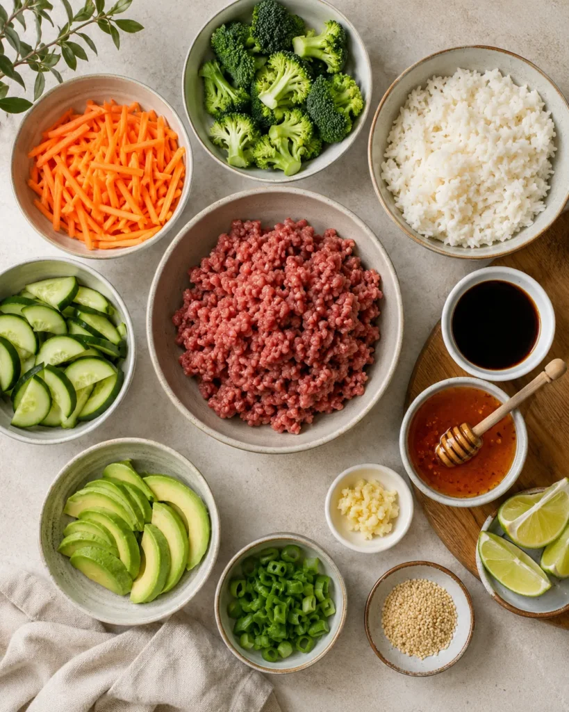 Ingredient lineup for making a hot honey ground beef bowl with rice and vegetables