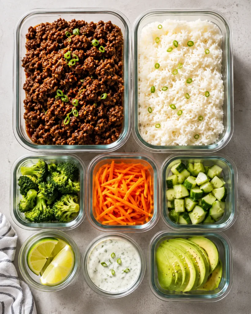 Meal-prep containers with separated components for hot honey ground beef bowls
