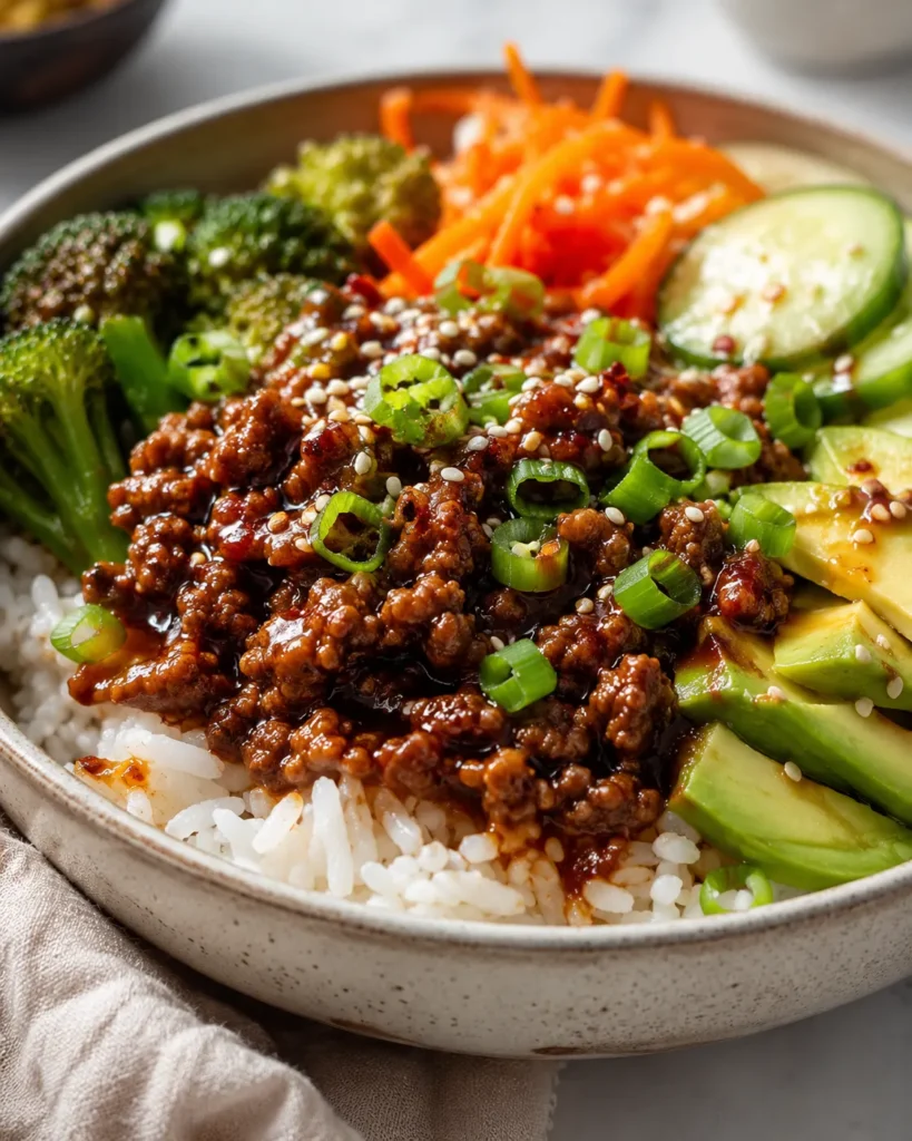 Side-angle view of hot honey ground beef over rice with vegetables