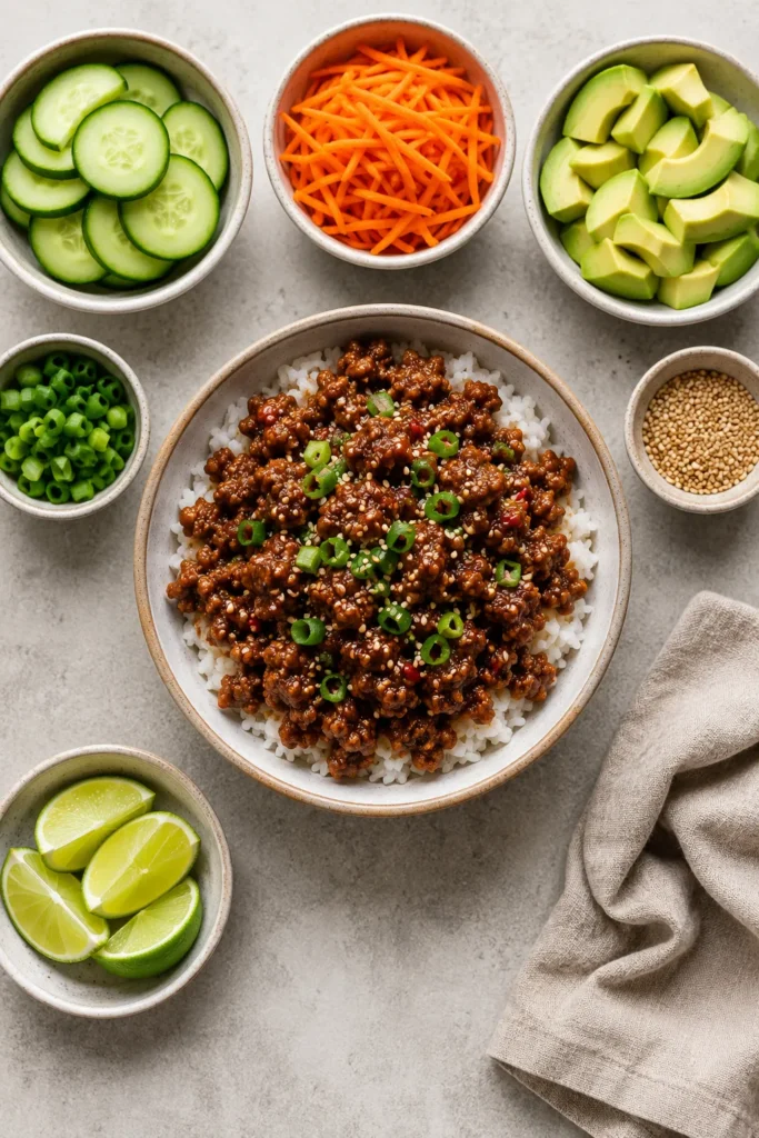 Overhead summary image of a hot honey ground beef bowl with topping ingredients around it