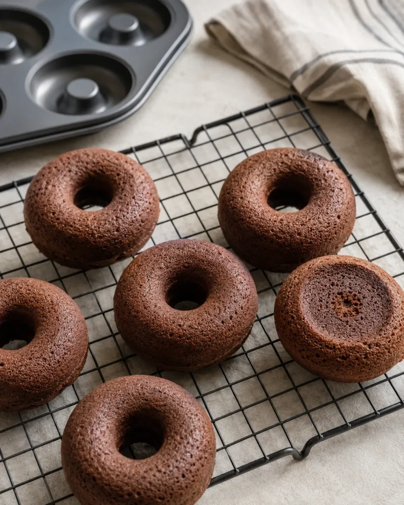 Baked healthy chocolate protein donuts cooling on a rack