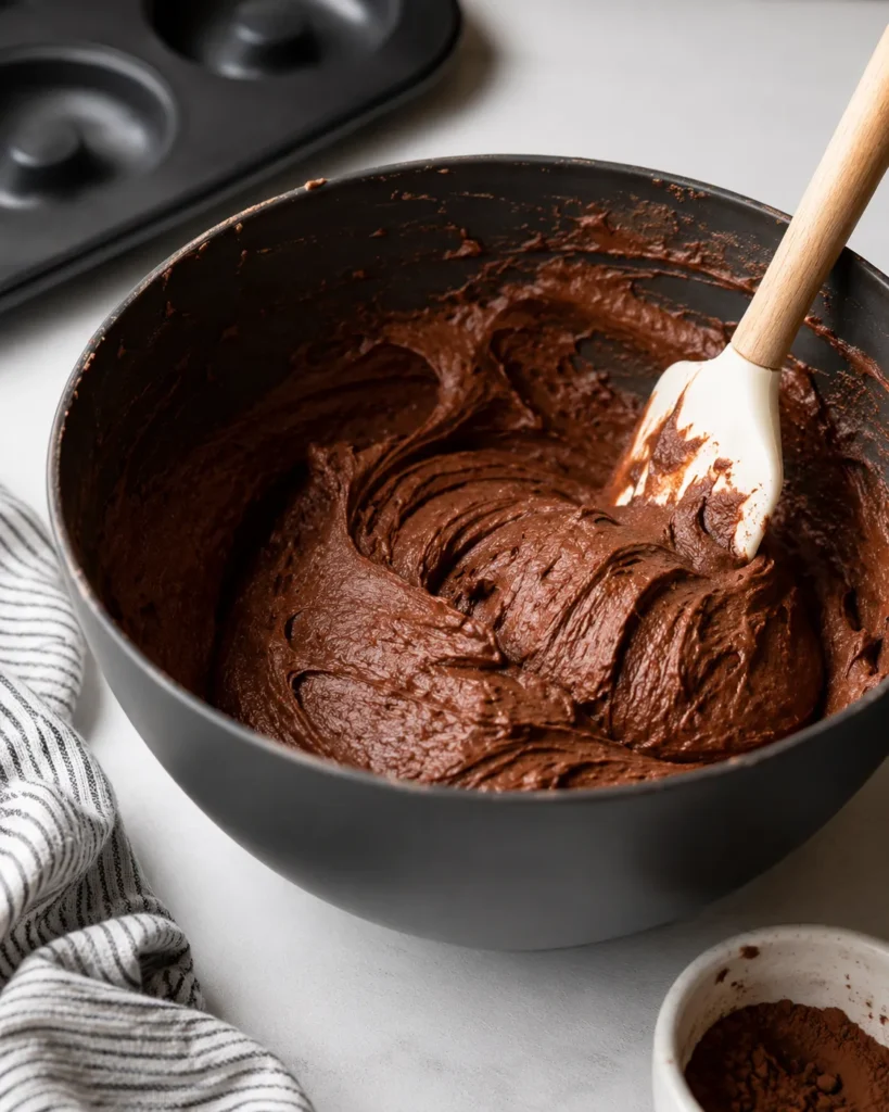 Thick chocolate batter for protein donuts being stirred in a bowl