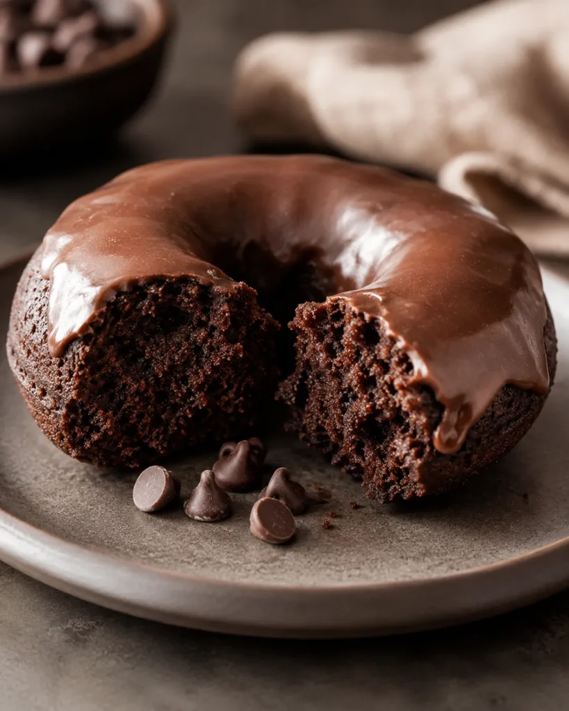 Close-up of a healthy chocolate protein donut broken open to show the soft interior