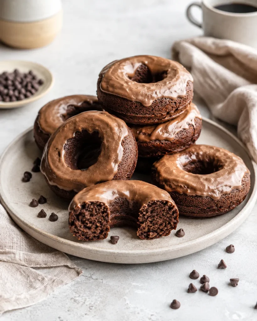 Healthy chocolate protein donuts stacked on a plate with one donut cut open
Title: Healthy Chocolate Protein Donuts