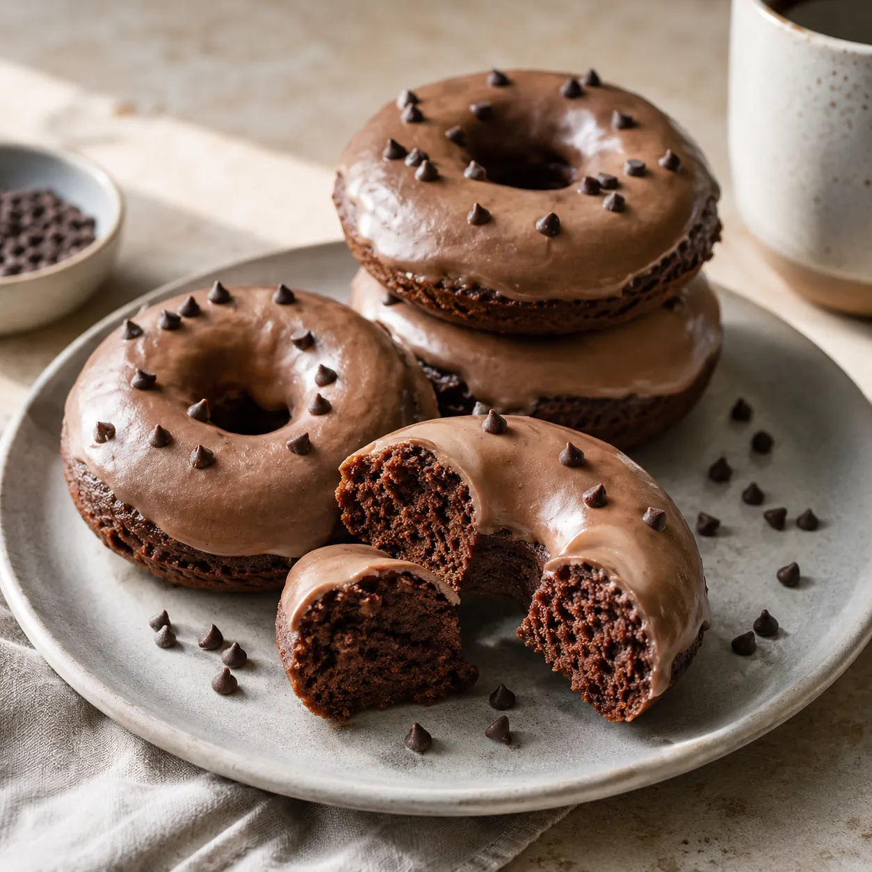 Healthy chocolate protein donuts with chocolate glaze and a soft interior