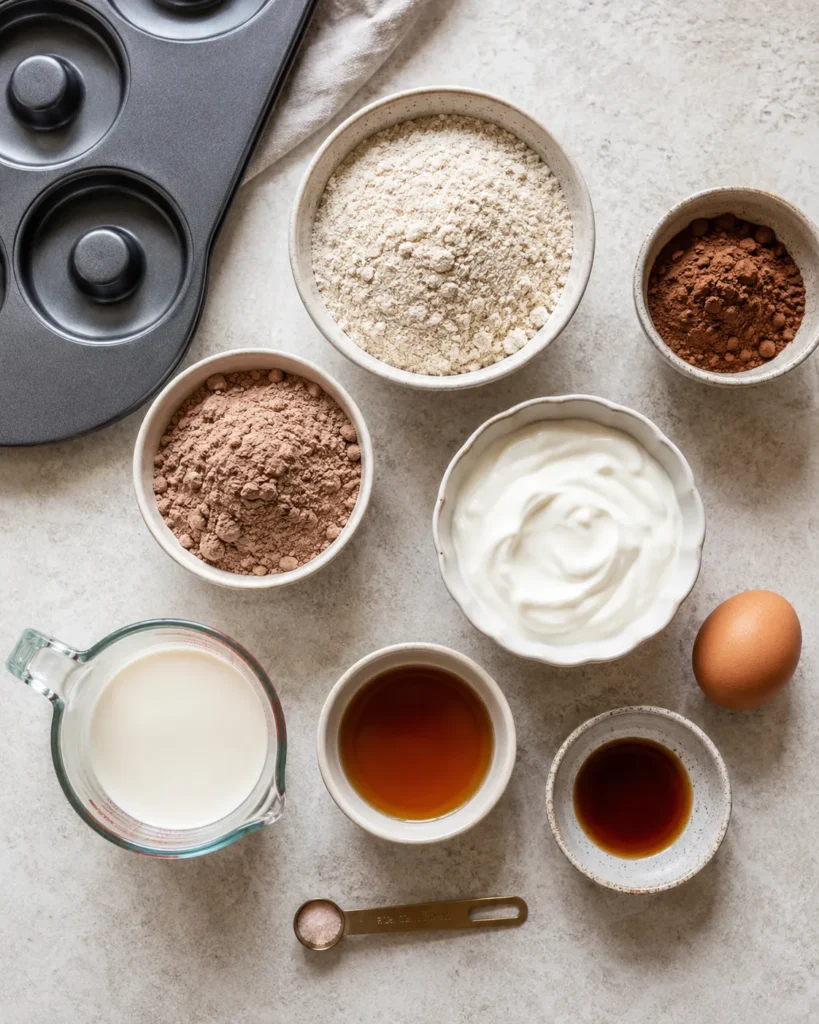 Ingredients for healthy chocolate protein donuts arranged in bowls beside a donut pan