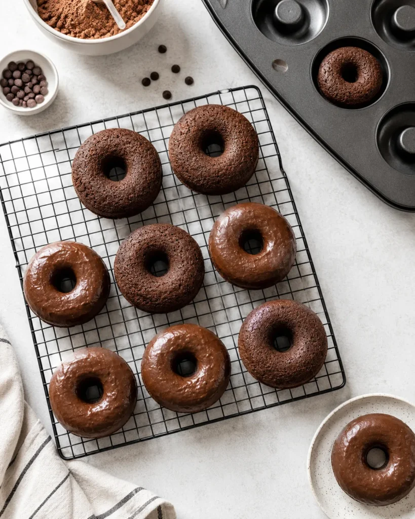 Chocolate donut batter piped into a donut pan before baking