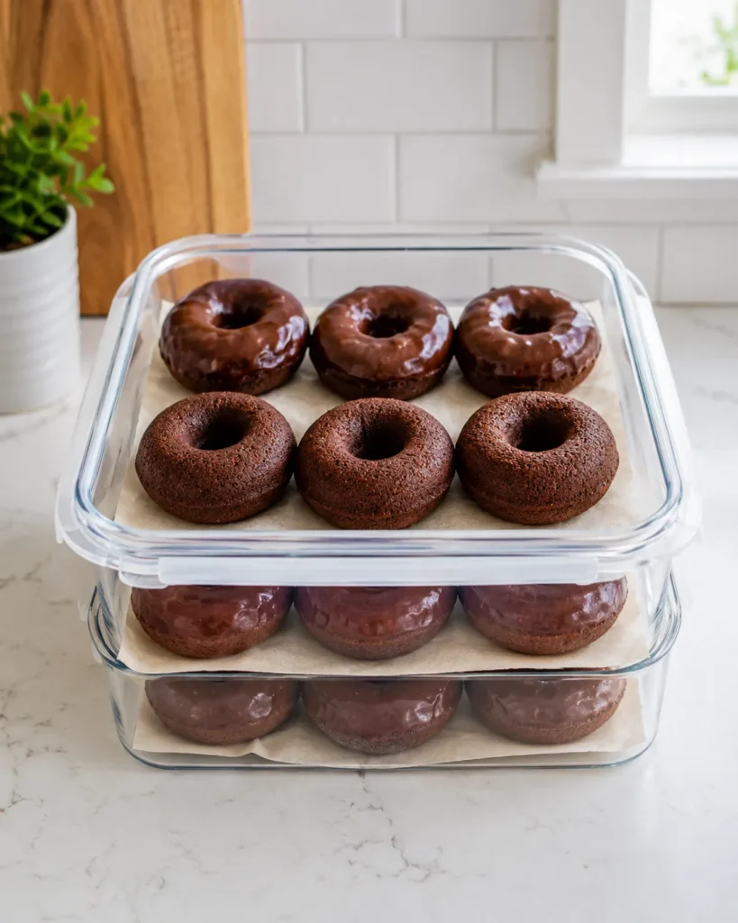Healthy chocolate protein donuts stored in a clear container with parchment between layers