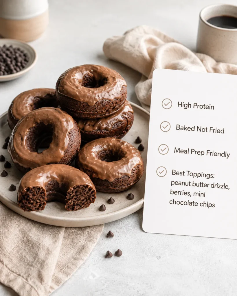 Healthy chocolate protein donuts beside a simple donut summary card