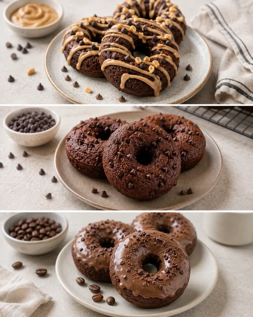 Three variations of healthy chocolate protein donuts including peanut butter, double chocolate, and mocha versions