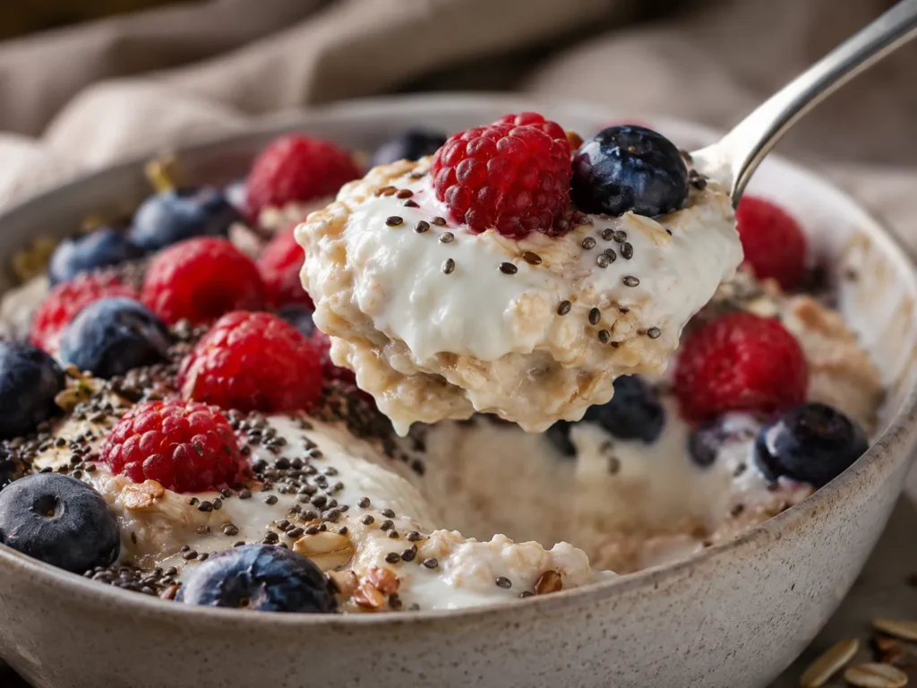 Spoon lifting a creamy high-protein breakfast bowl with visible oats and fruit
