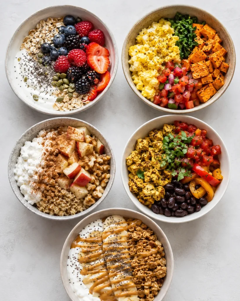 Overhead grid of five different high-protein breakfast bowl ideas