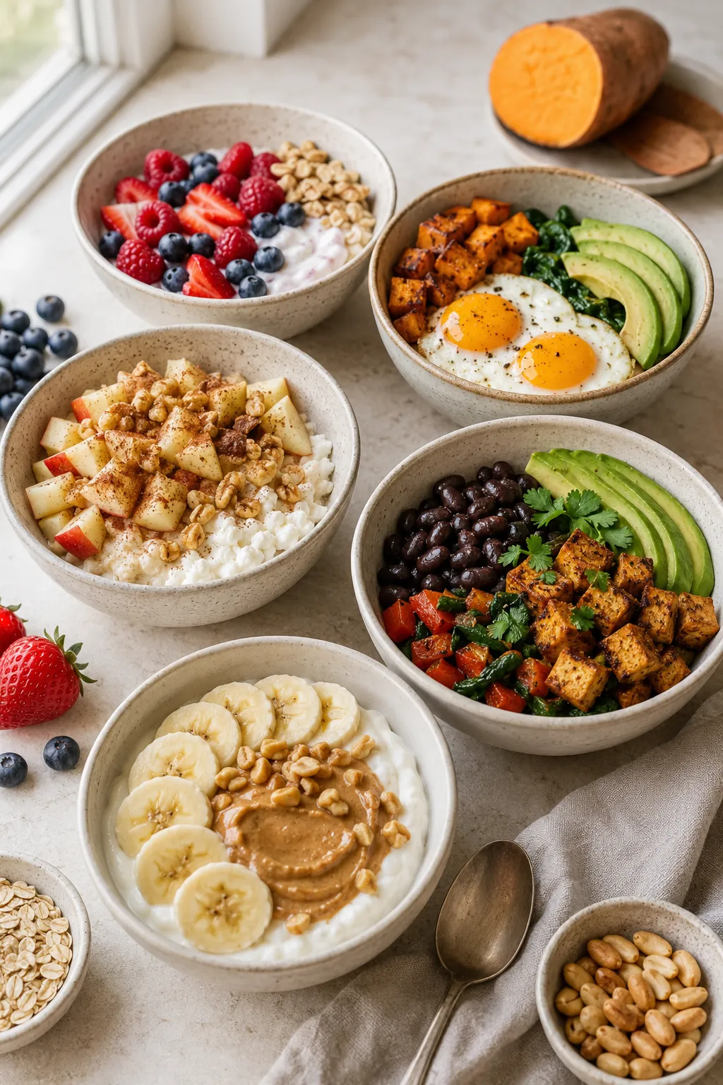 Five high-protein breakfast bowls with yogurt, oats, eggs, sweet potatoes, tofu, beans, fruit, and peanut butter
