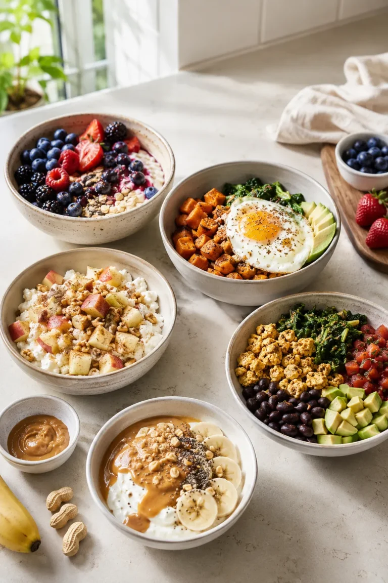 Five high-protein breakfast bowls with yogurt oats, eggs, cottage cheese, tofu, and peanut butter banana.