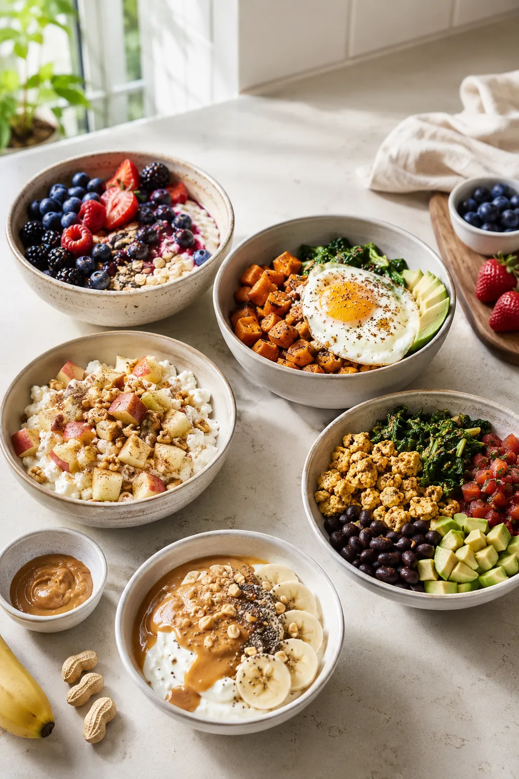 Five high-protein breakfast bowls with yogurt oats, eggs, cottage cheese, tofu, and peanut butter banana.