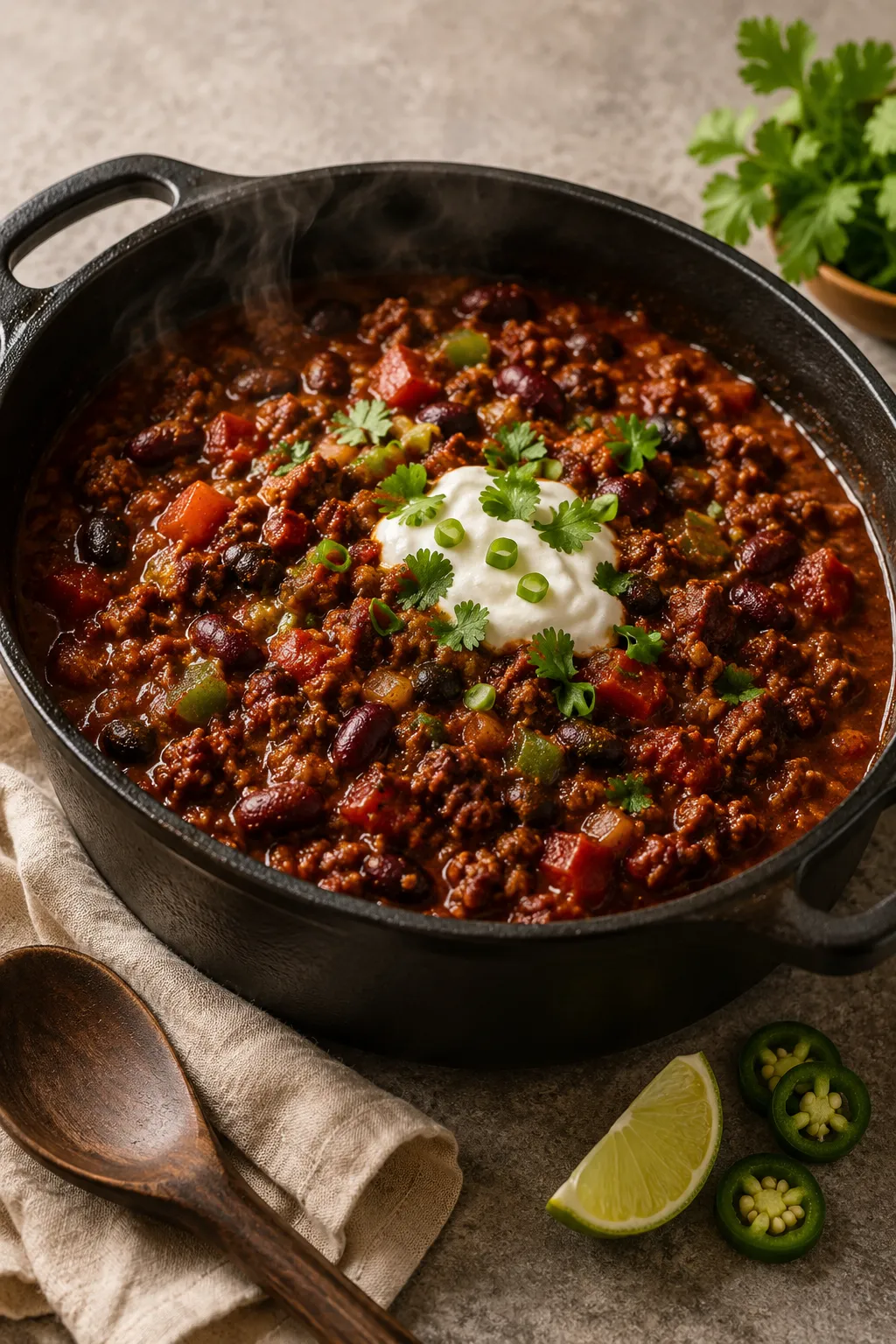 Thick high-protein chili in a Dutch oven with lean ground beef, kidney beans, black beans, Greek yogurt, cilantro, and green onions