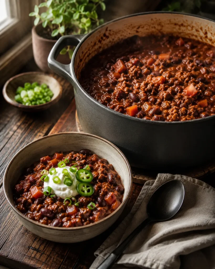 Thick high-protein chili in a Dutch oven and serving bowl topped with Greek yogurt, green onions, and jalapeƱos