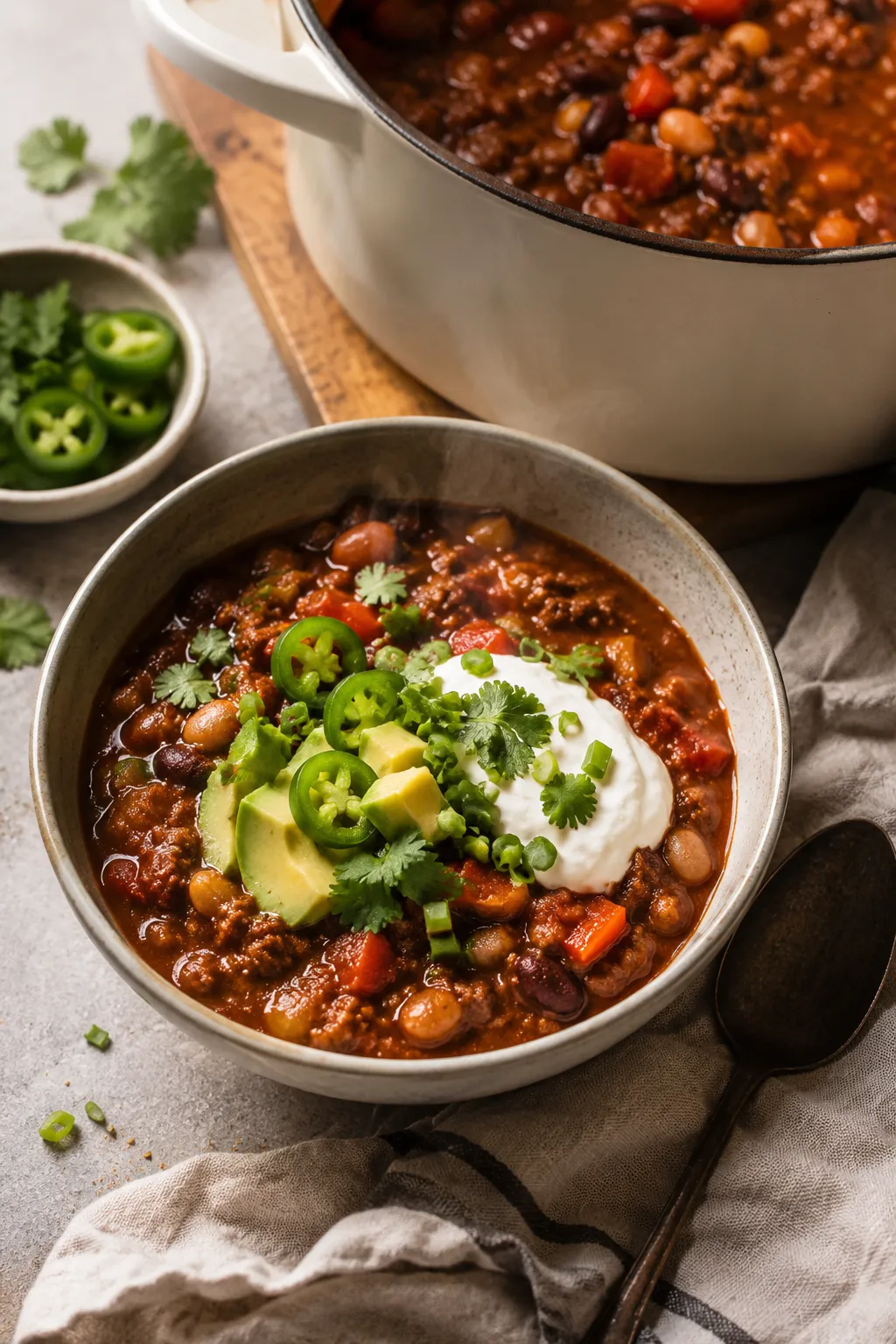 Thick high-protein chili with ground beef, beans, Greek yogurt, avocado, green onions, cilantro, and jalapeƱo