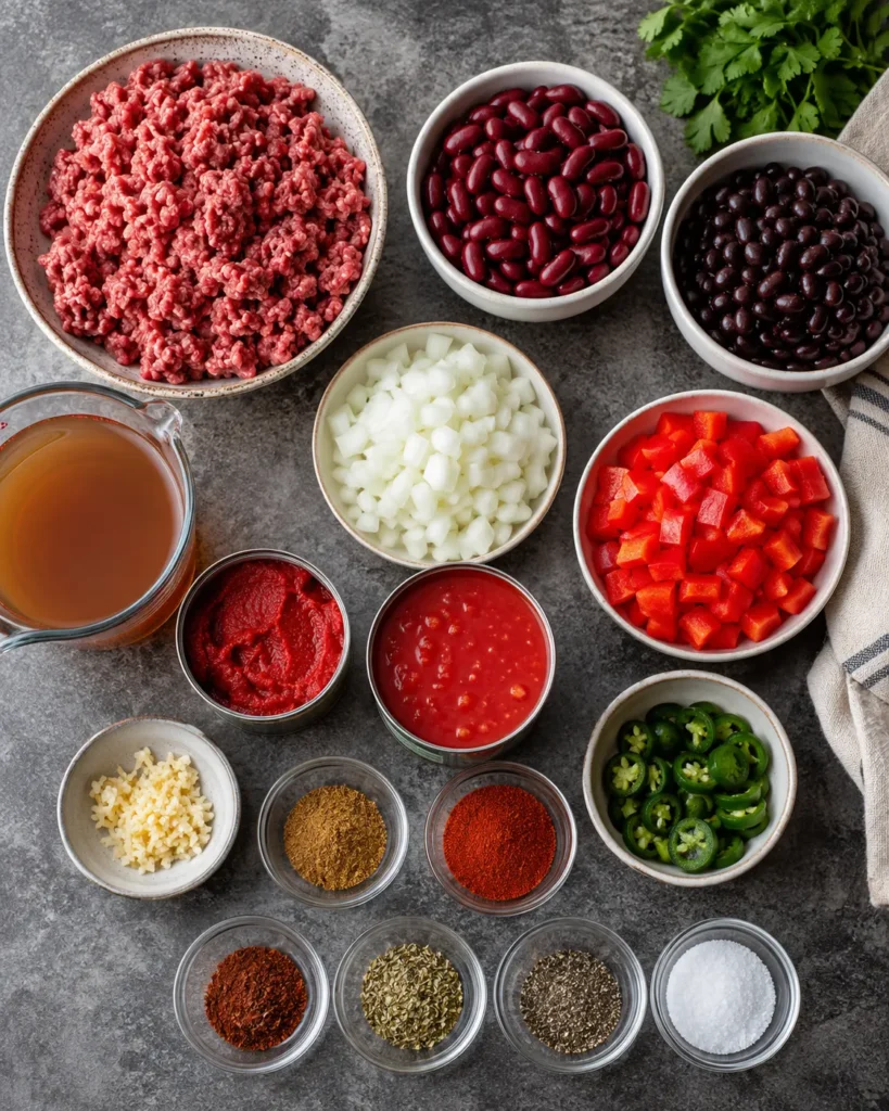 Ingredients arranged for making thick high-protein chili with lean ground beef, kidney beans, black beans, peppers, tomatoes, and spices