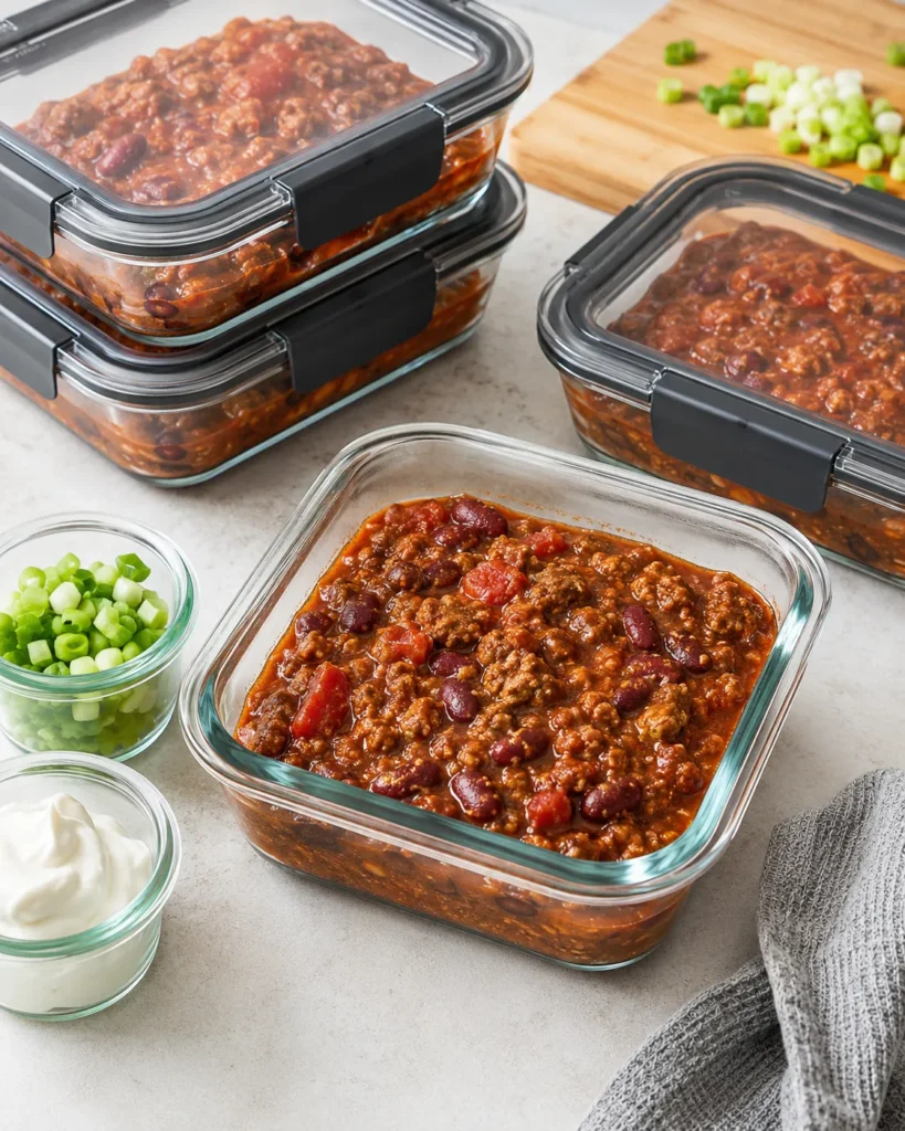 Meal-prep containers filled with thick high-protein chili with green onions and Greek yogurt packed separately