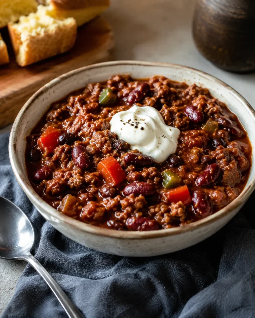 Bowl of thick high-protein chili with lean beef, kidney beans, black beans, diced peppers, and Greek yogurt