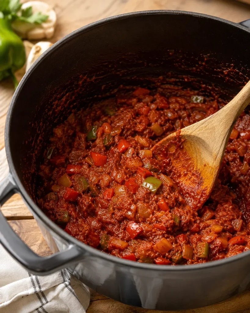 Thick high-protein chili simmering in a Dutch oven