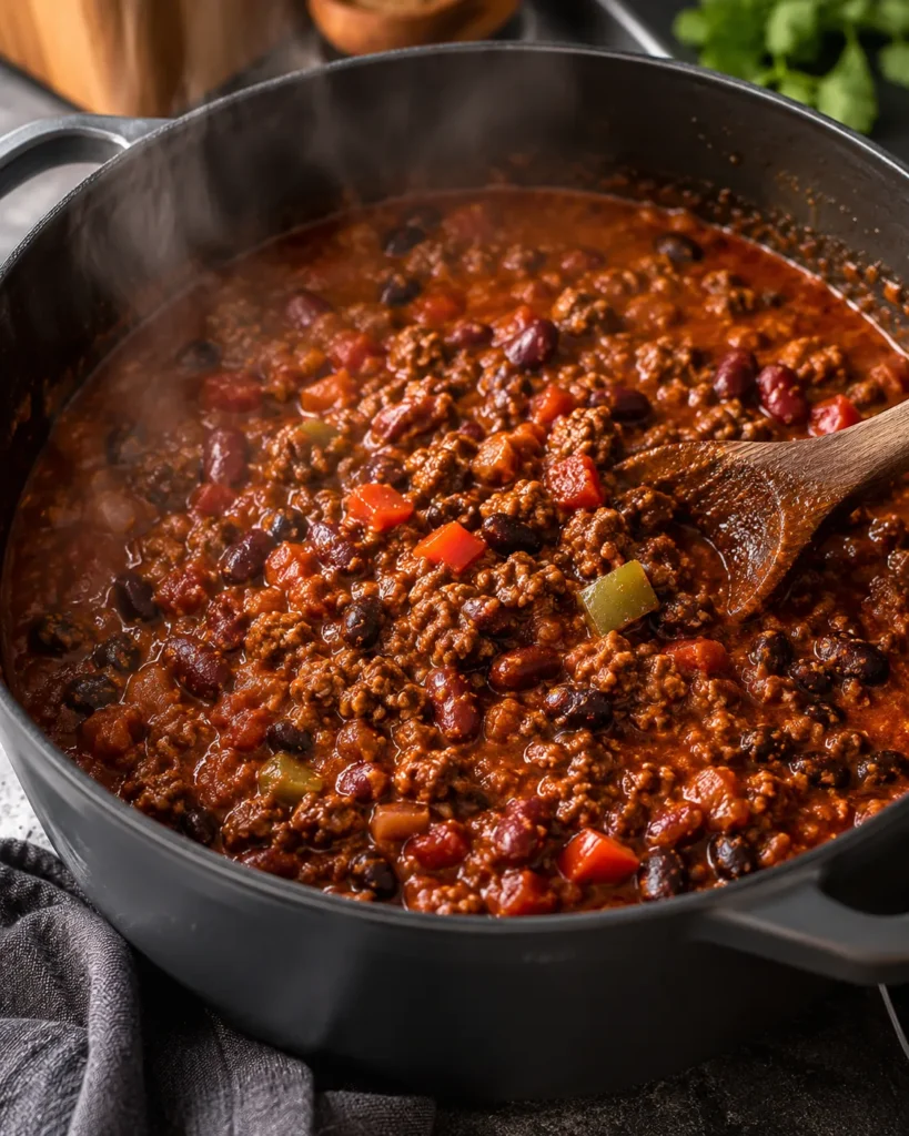 Thick high-protein chili with ground beef, kidney beans, and black beans simmering in a Dutch oven