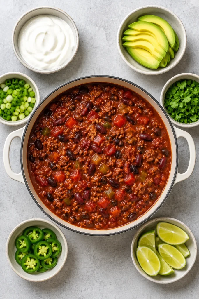 Overhead view of high-protein chili surrounded by Greek yogurt, avocado, green onions, cilantro, jalapeƱos, and lime wedges
