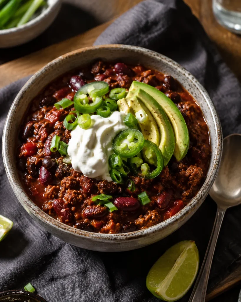Bowl of high-protein chili topped with Greek yogurt, avocado, green onions, and jalapeƱos