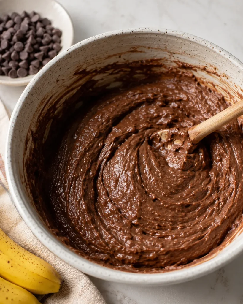 Thick chocolate banana bread batter in a mixing bowl ready for chocolate chips