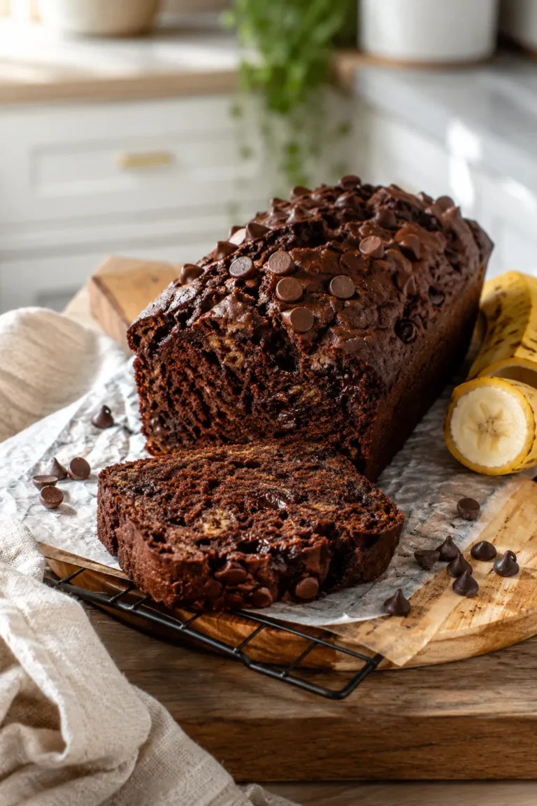 High-protein chocolate banana bread loaf with one sliced piece showing a moist chocolate crumb