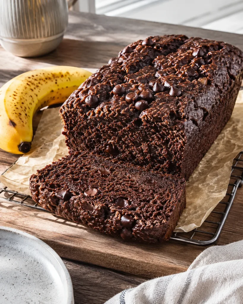 High-protein chocolate banana bread loaf with a thick moist slice and melted chocolate chips