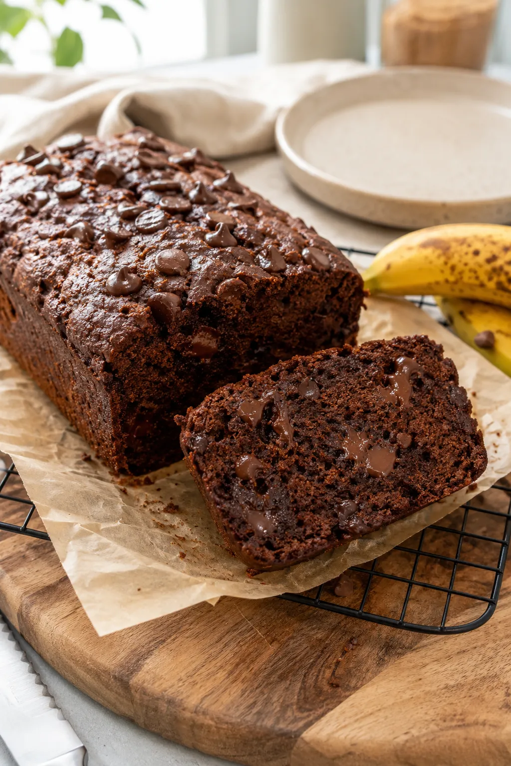 High-protein chocolate banana bread loaf with one moist slice cut and served