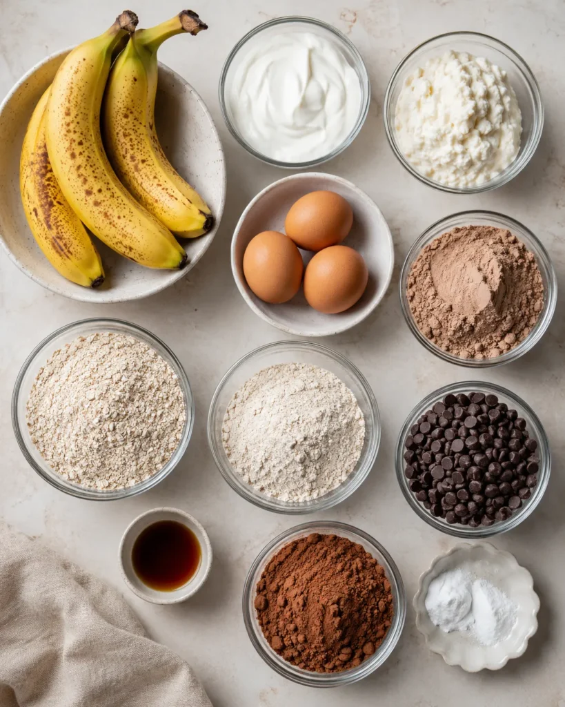 Ingredient lineup for high-protein chocolate banana bread with ripe bananas, cocoa powder, Greek yogurt, cottage cheese, eggs, flour, protein powder, and chocolate chips