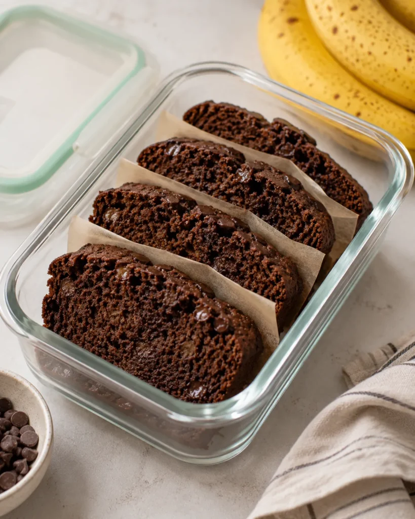 Sliced high-protein chocolate banana bread stored in a glass container for meal prep