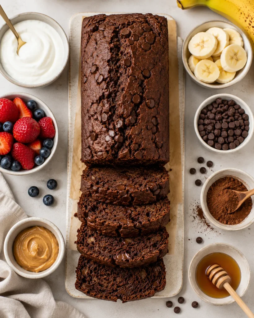 Overhead view of high-protein chocolate banana bread with Greek yogurt, berries, peanut butter, and chocolate chips