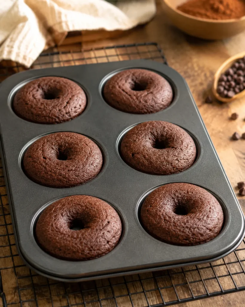 Freshly baked high-protein chocolate donuts in a donut pan