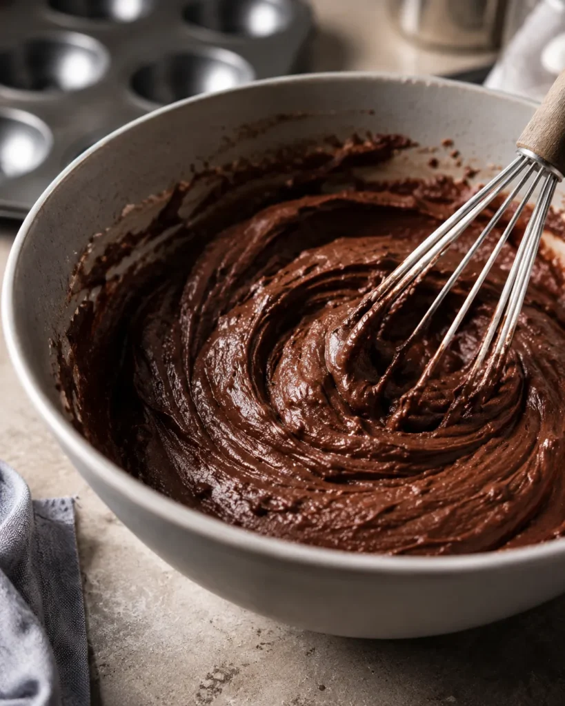 Thick chocolate batter for high-protein donuts being mixed in a bowl