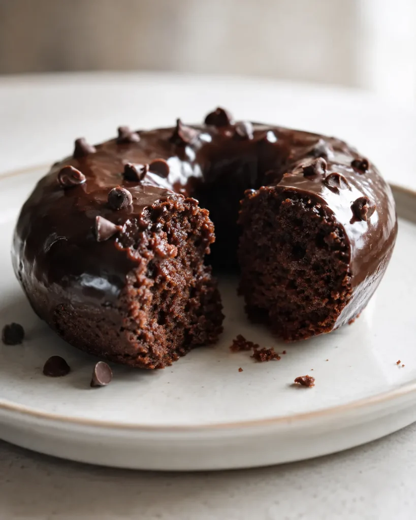 Close-up of a glazed high-protein chocolate donut broken open to show soft crumb
